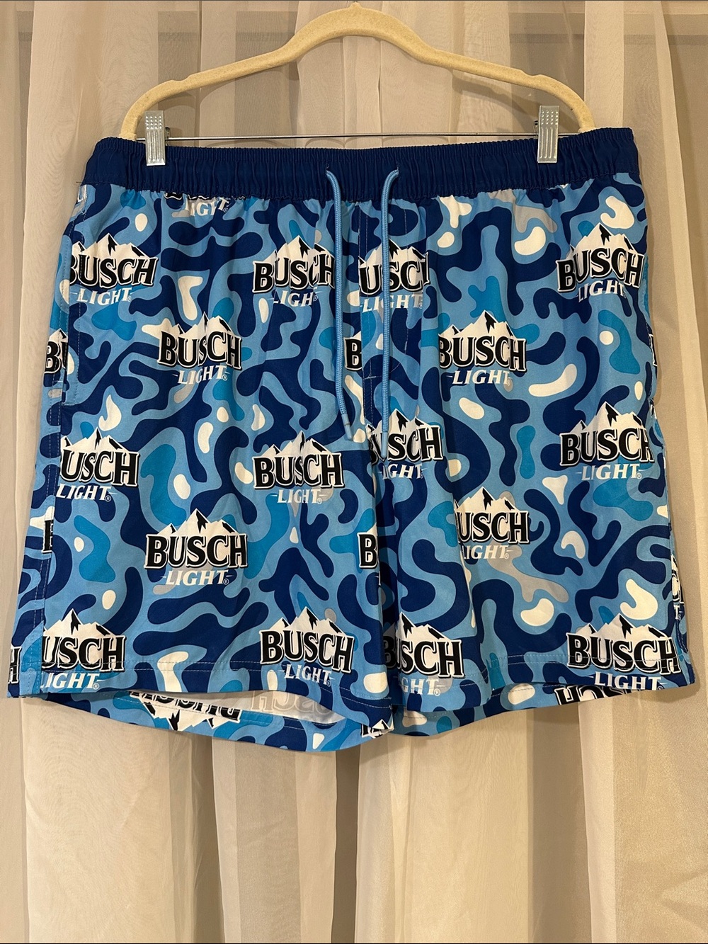 Busch Light Camo Swim Trunks Men’s XL Blue Beer Logo Board Shorts Summer
